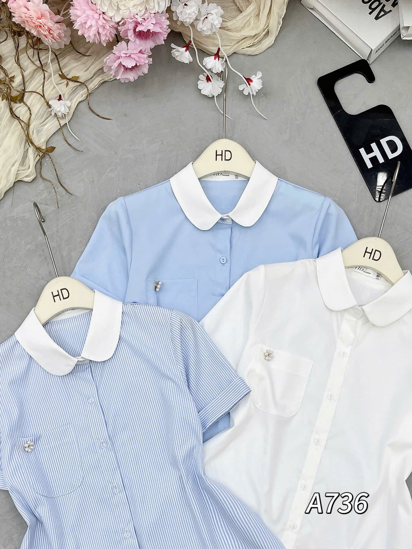 A736 Áo sơ mi cổ sen hoa túi ngưc