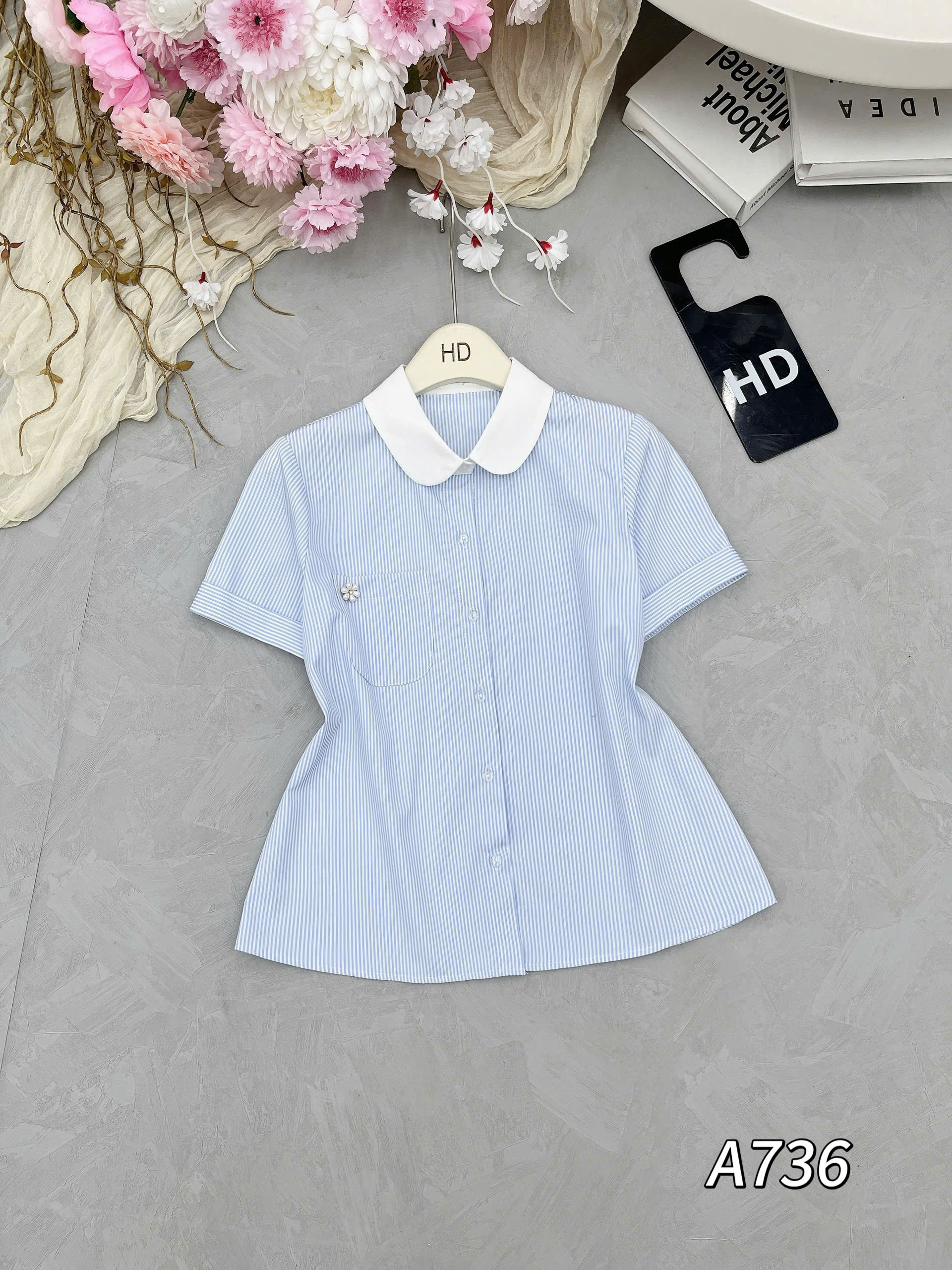 A736 Áo sơ mi cổ sen hoa túi ngưc