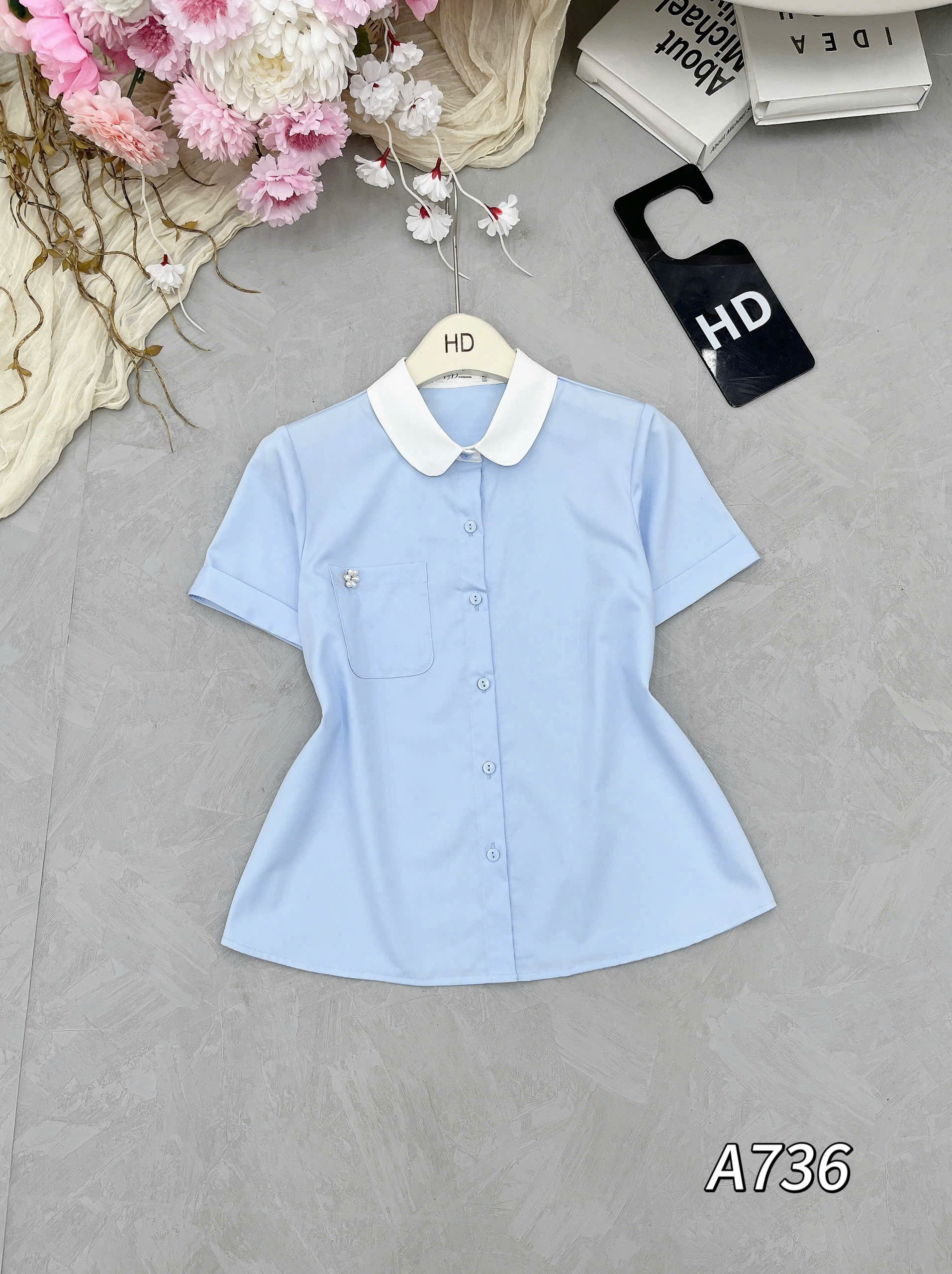 A736 Áo sơ mi cổ sen hoa túi ngưc