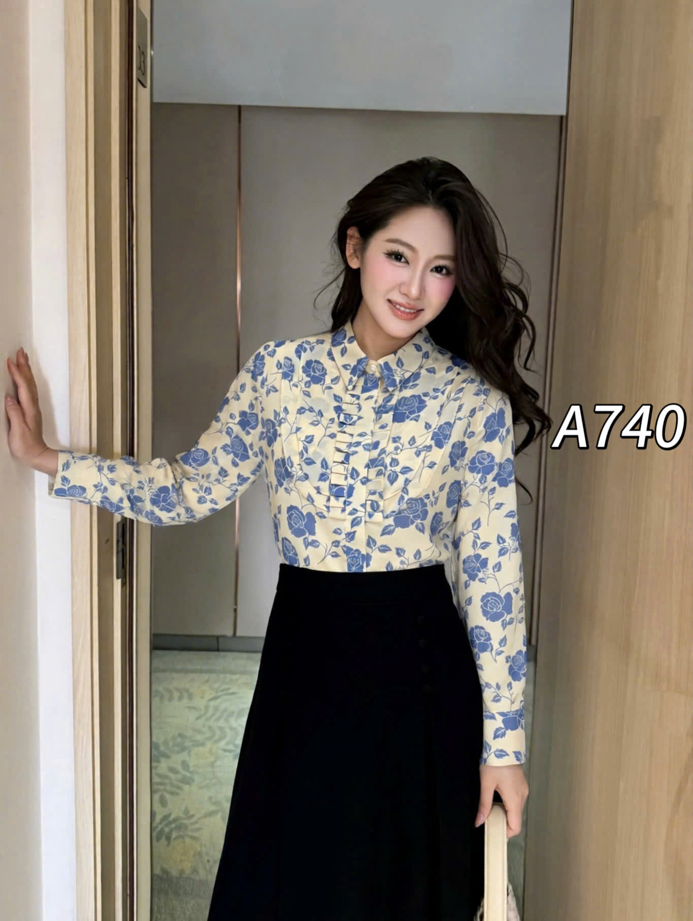 A740 áo hoa cổ xếp ly