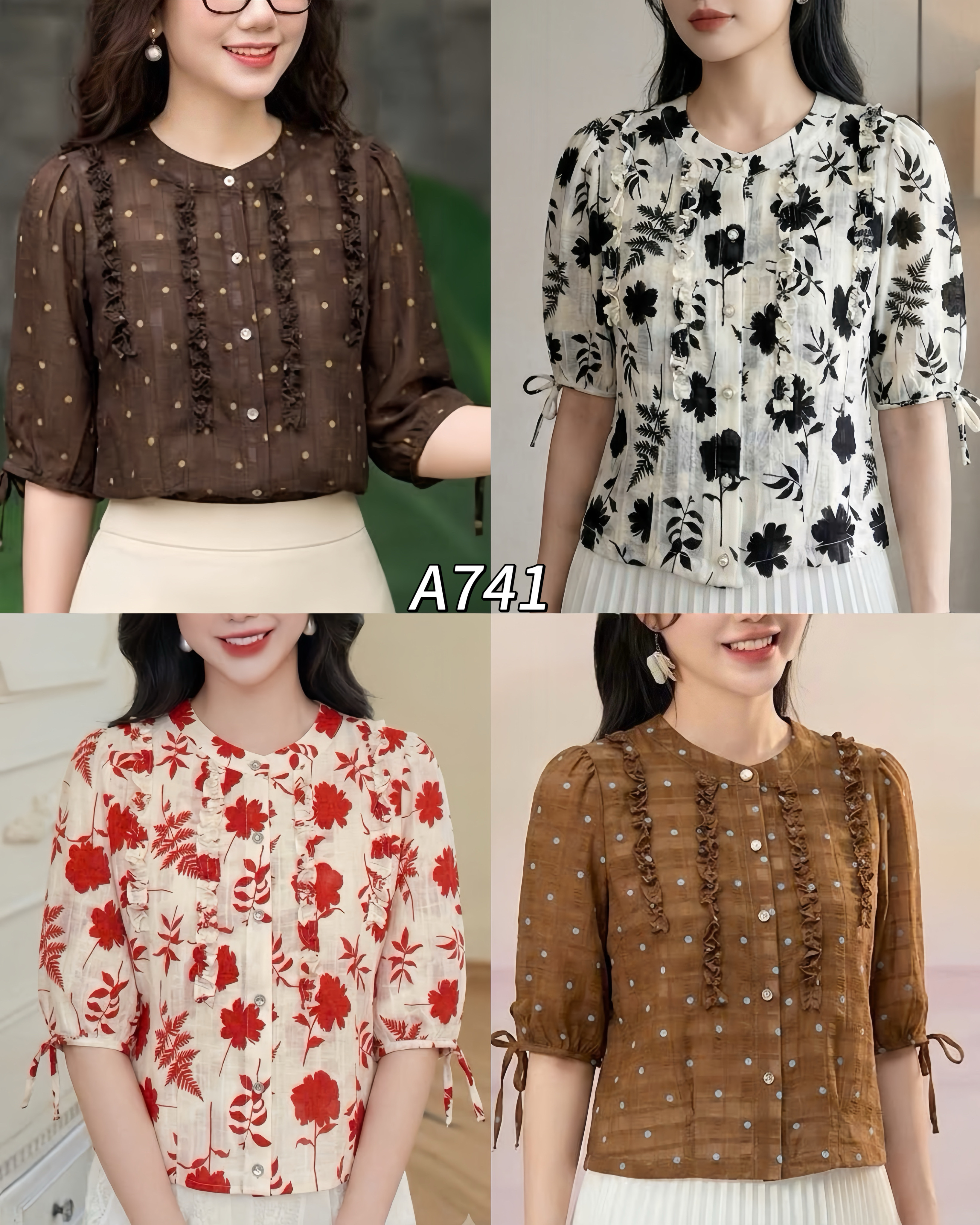 A741 Áo sơ mi hoa nhún cổ tròn
