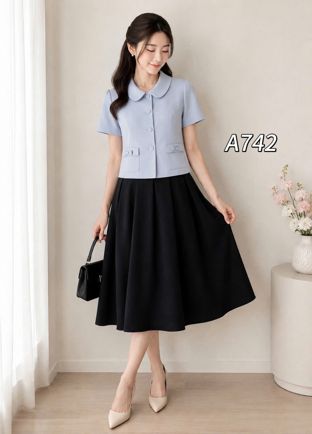 A742 Áo sơ mi cổ sen túi nơ