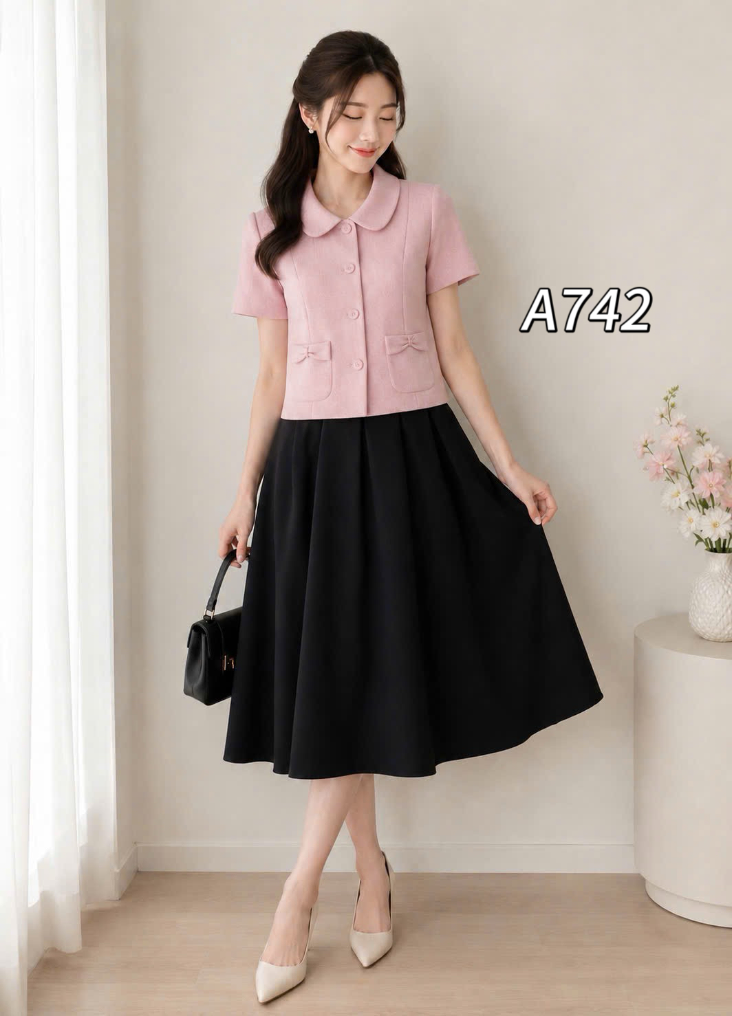 A742 Áo sơ mi cổ sen túi nơ
