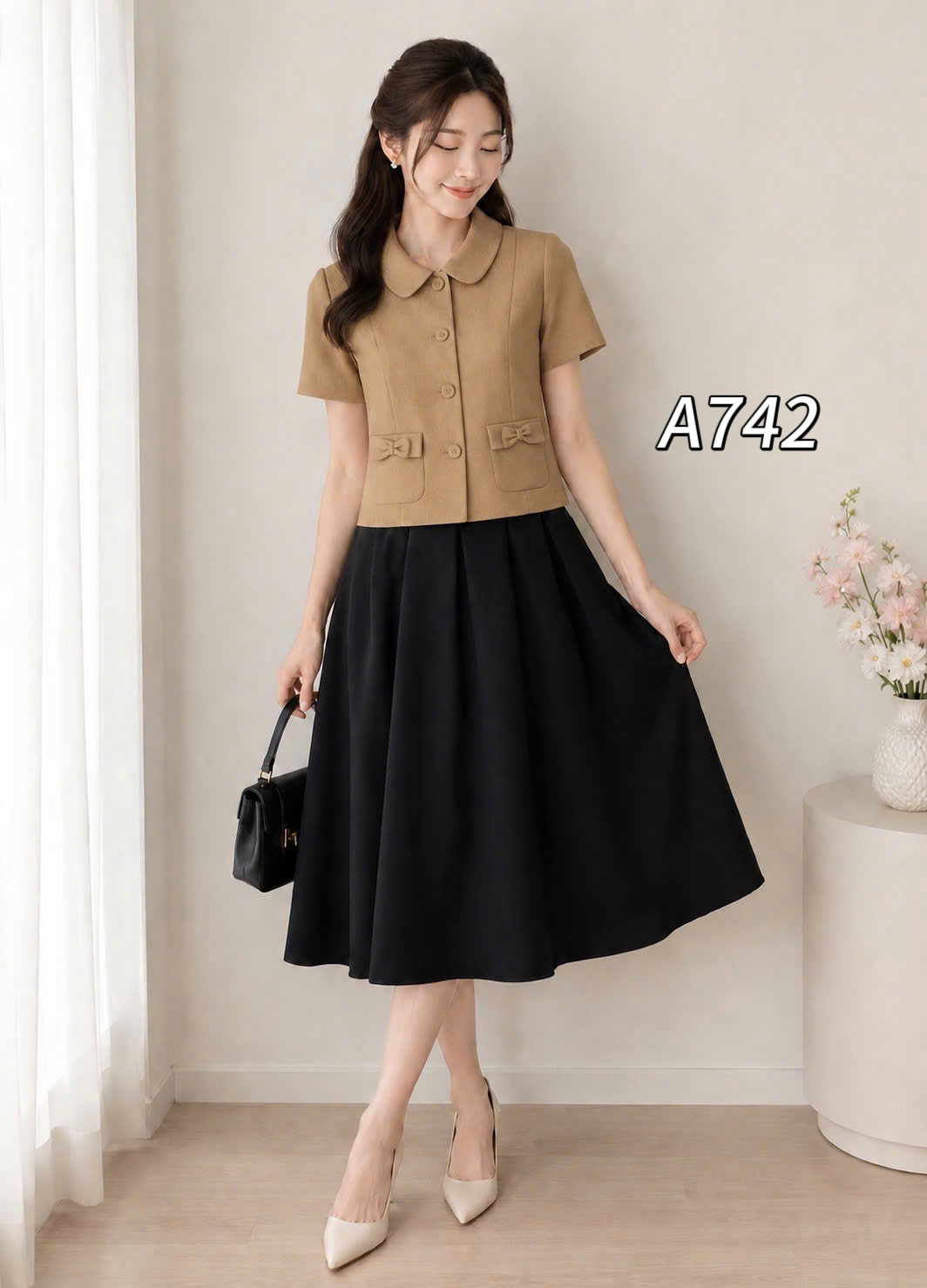A742 Áo sơ mi cổ sen túi nơ