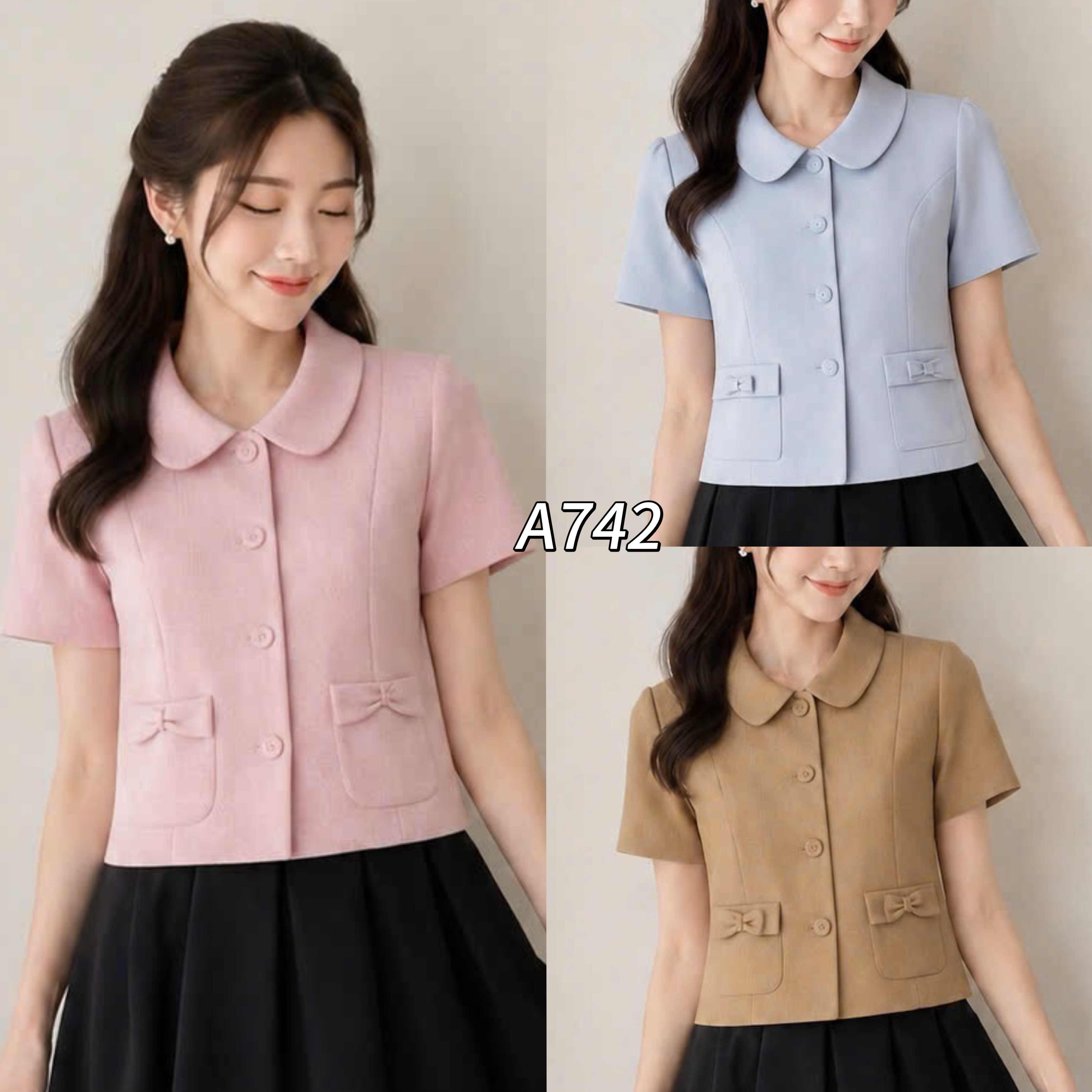 A742 Áo sơ mi cổ sen túi nơ