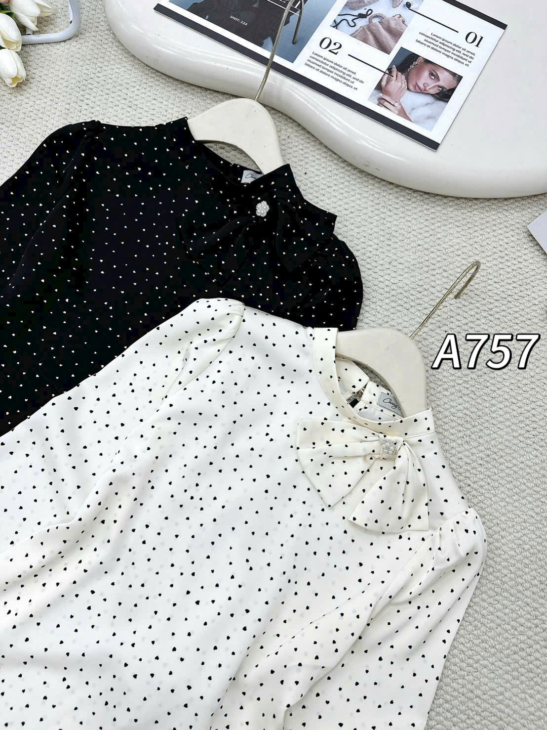 A757 Áo sơ mi lụa bi tim cổ nơ