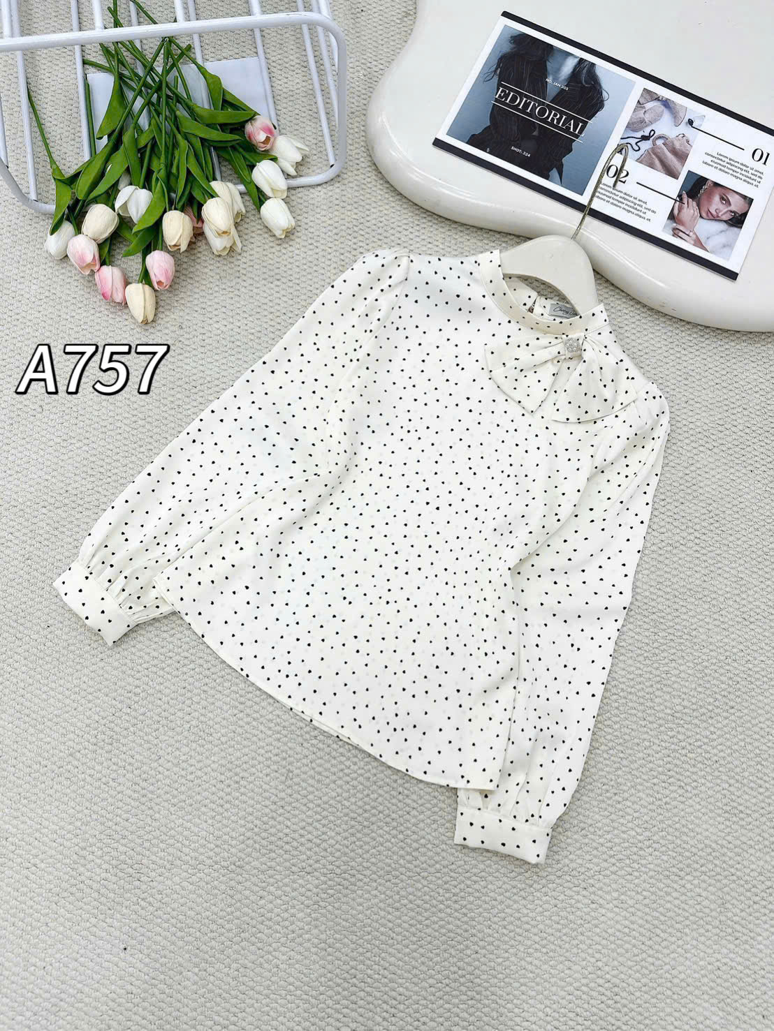 A757 Áo sơ mi lụa bi tim cổ nơ