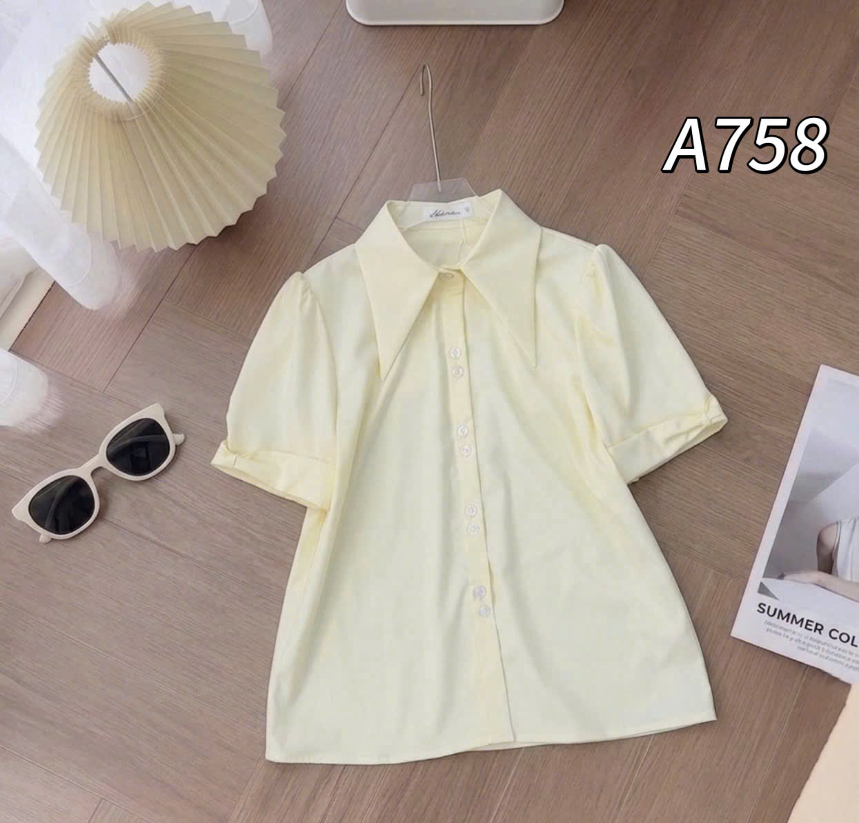 A758 Áo sơ mi cổ nhọn tay nơ