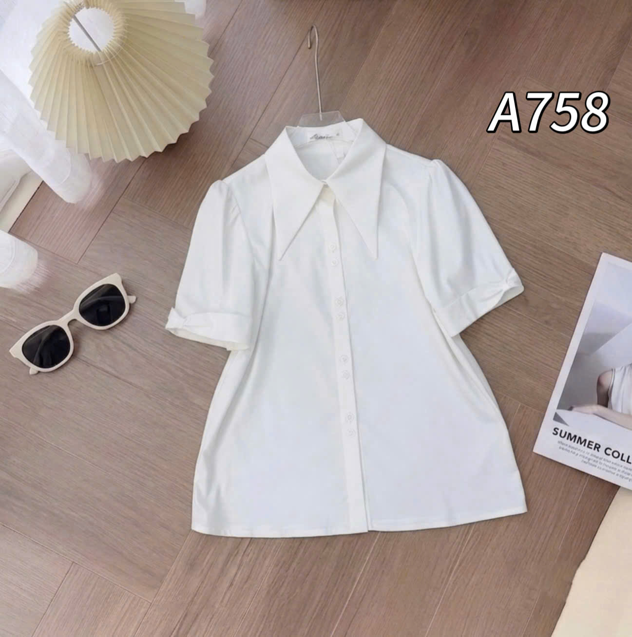 A758 Áo sơ mi cổ nhọn tay nơ