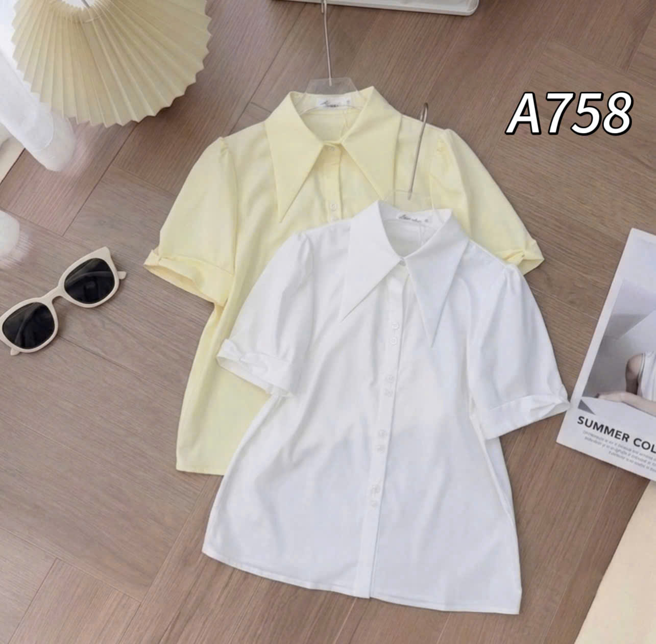 A758 Áo sơ mi cổ nhọn tay nơ