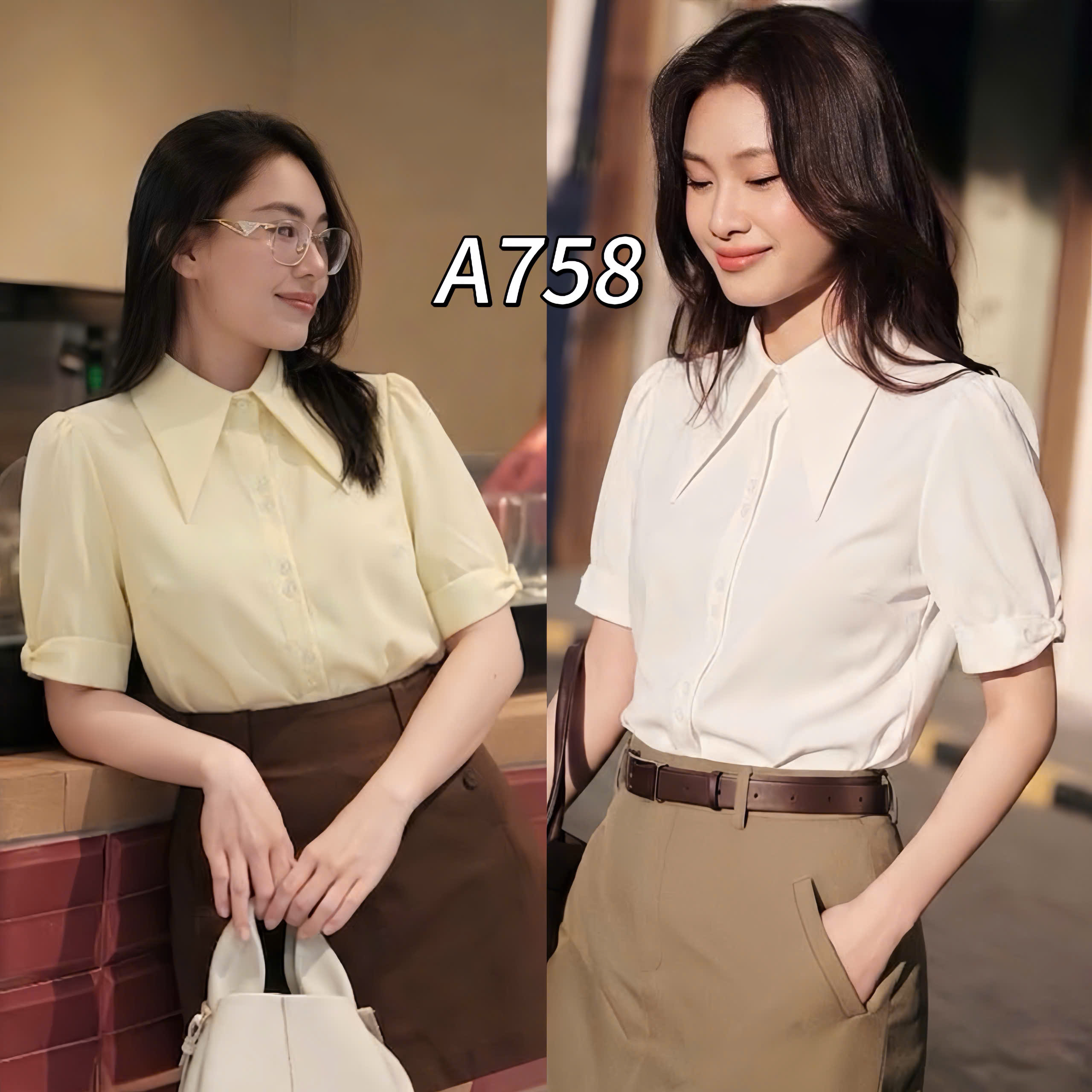 A758 Áo sơ mi cổ nhọn tay nơ
