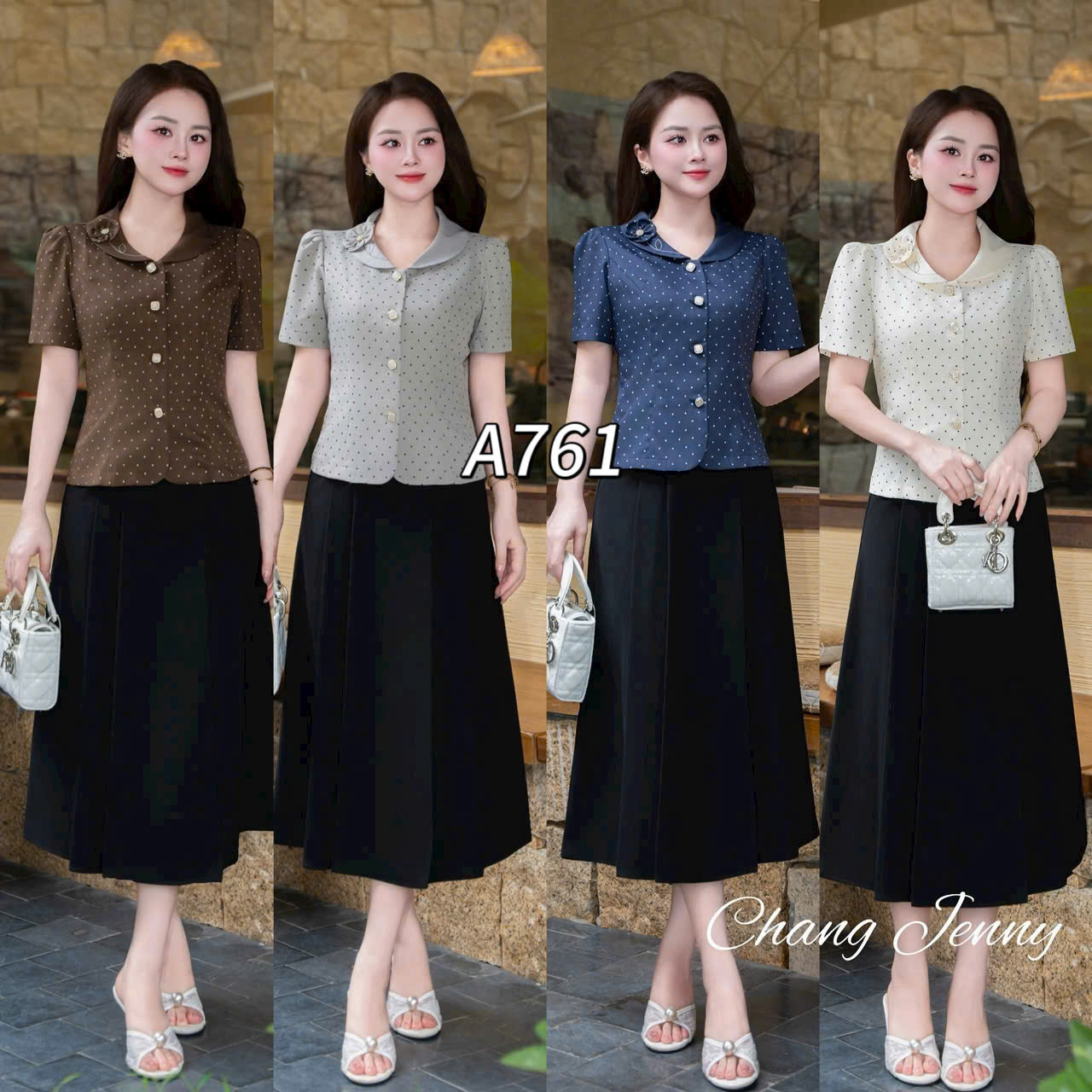 A761 áo kí giả chấm bi cổ hoa