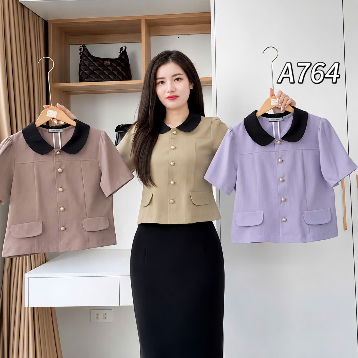 A764 áo kí giả phối cổ đen