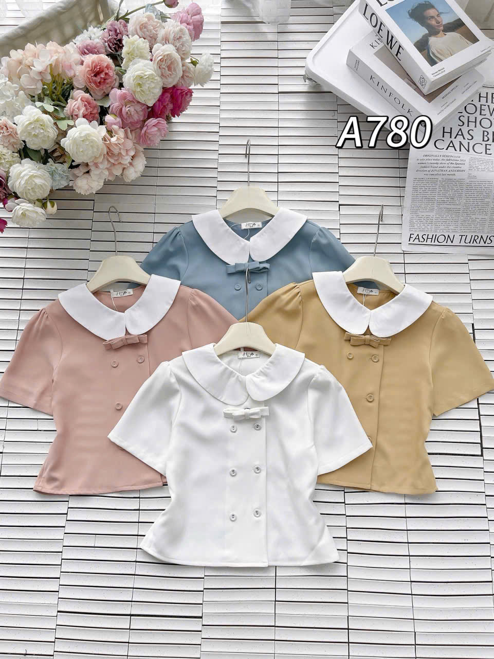 A780 Áo sơ mi cổ trắng gắn nơ