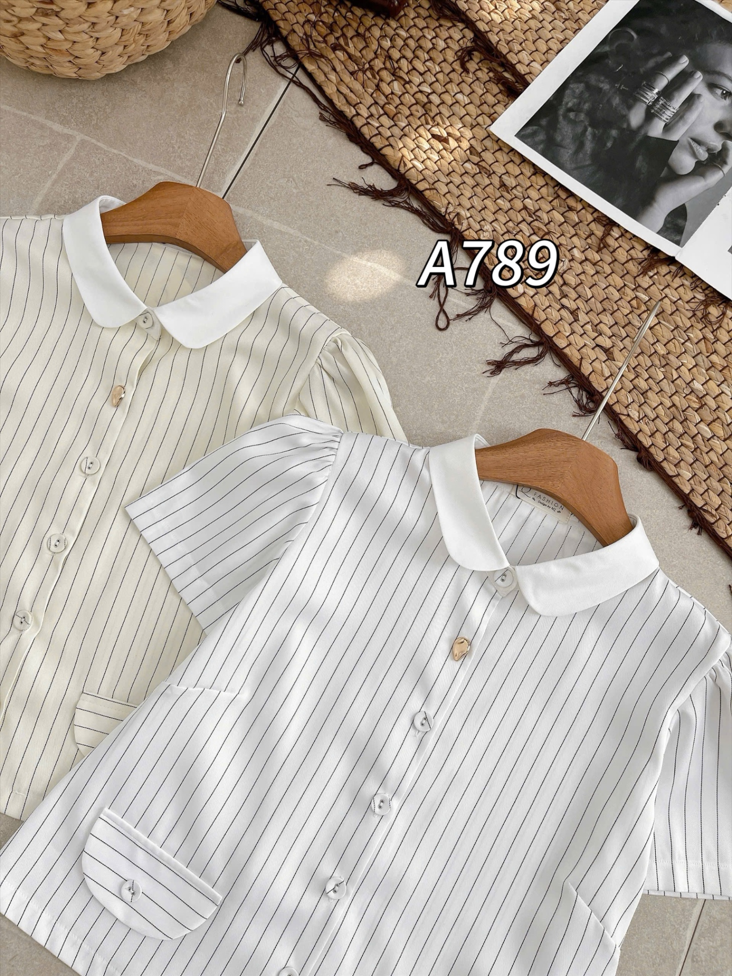 A789 Áo sơ mi dáng ngắn kẻ tweet sọc