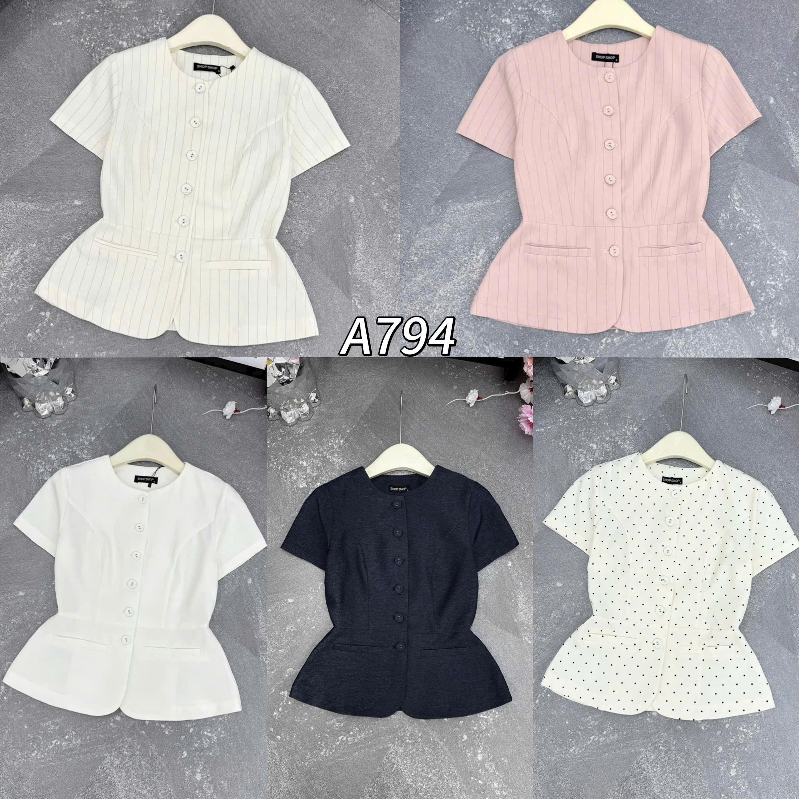 A794 áo peplum cúc bọc