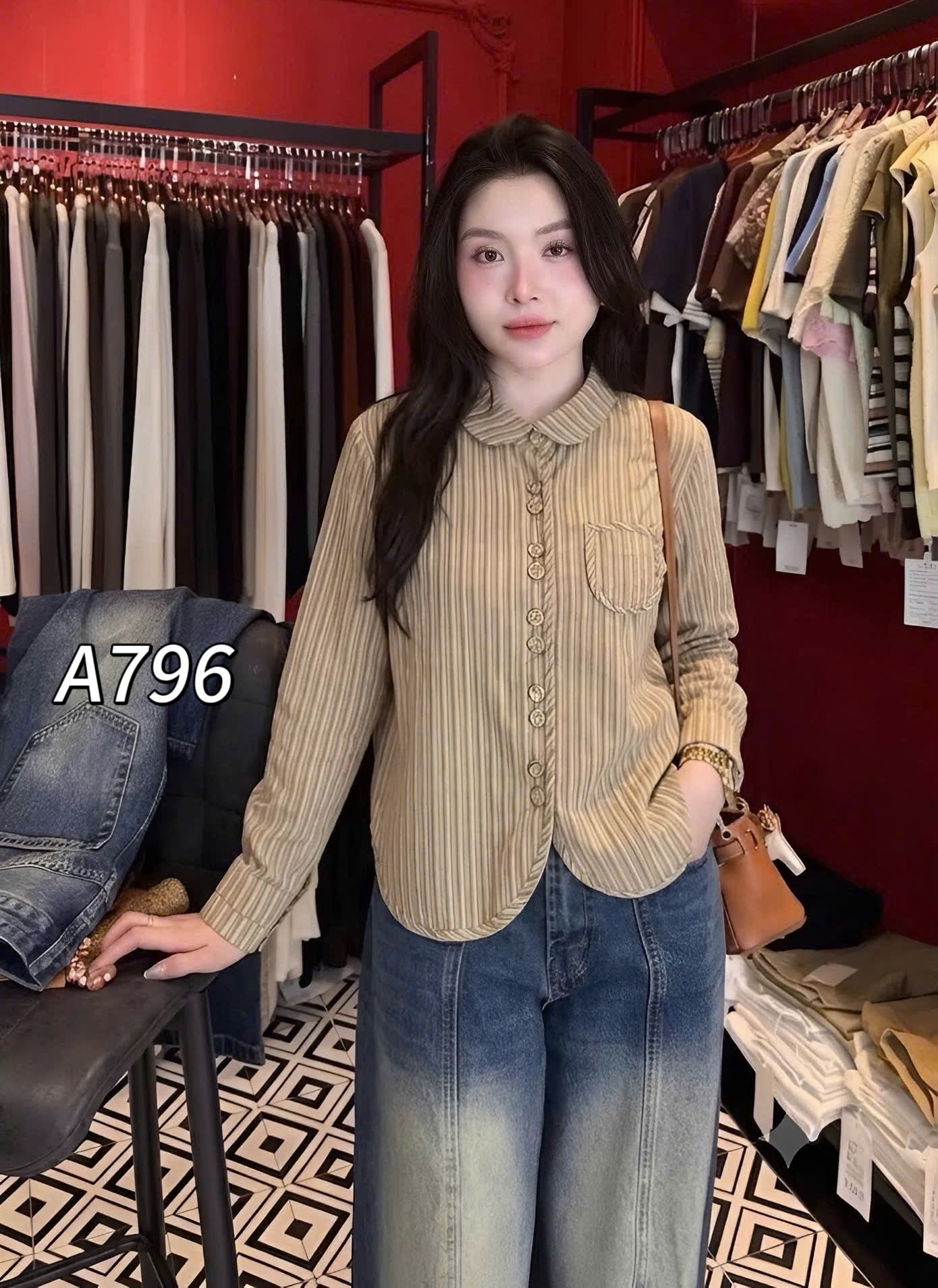 A796 áo kẻ cúc đôi dài tay