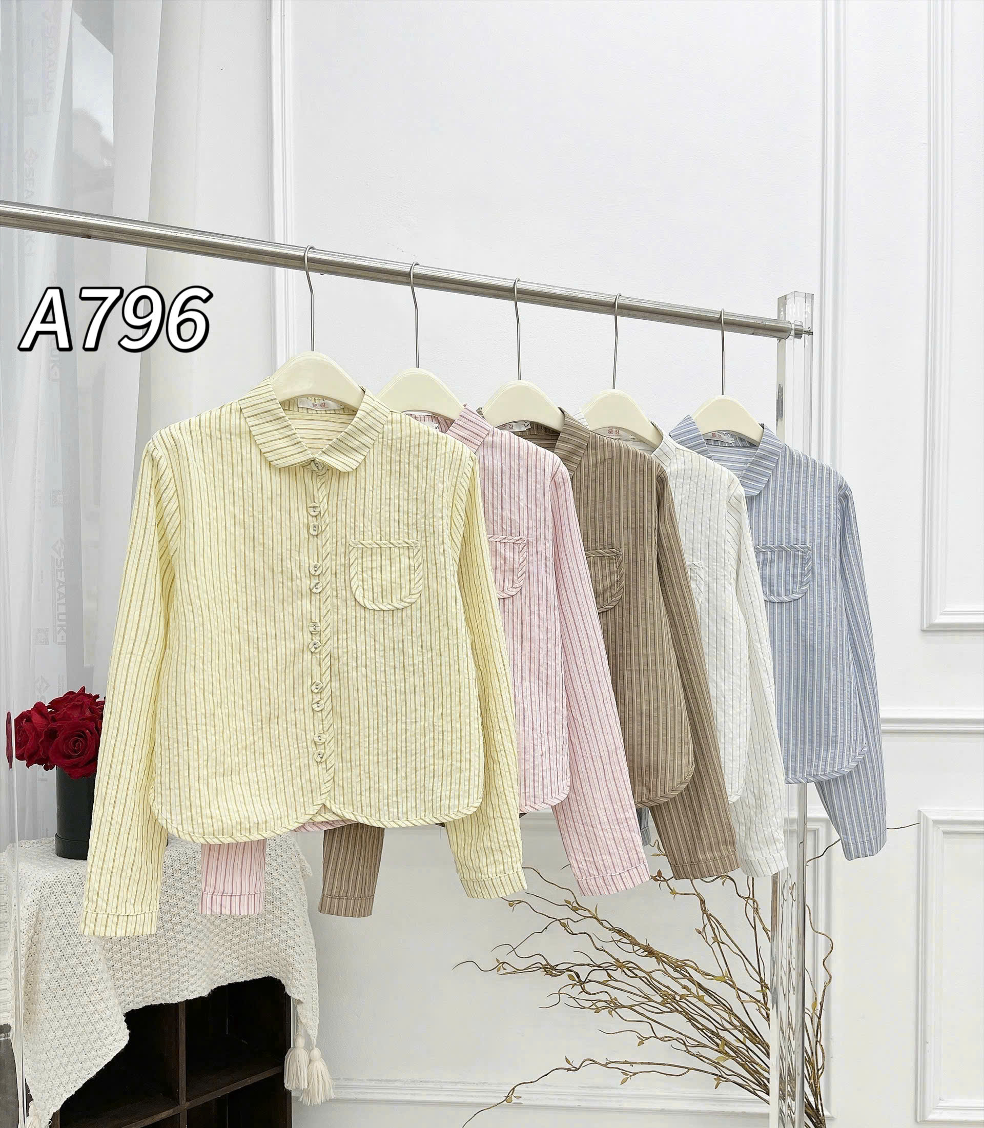 A796 áo kẻ cúc đôi dài tay