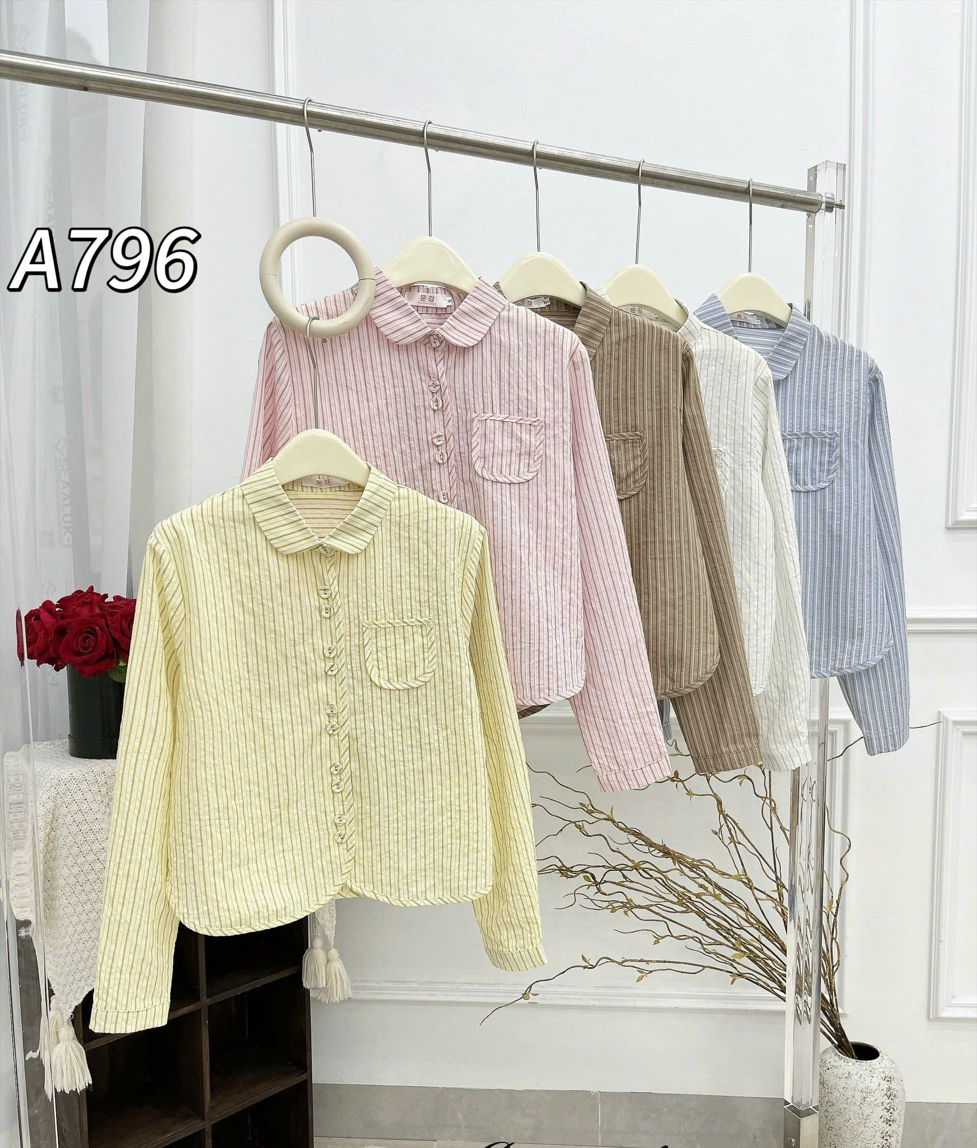A796 áo kẻ cúc đôi dài tay