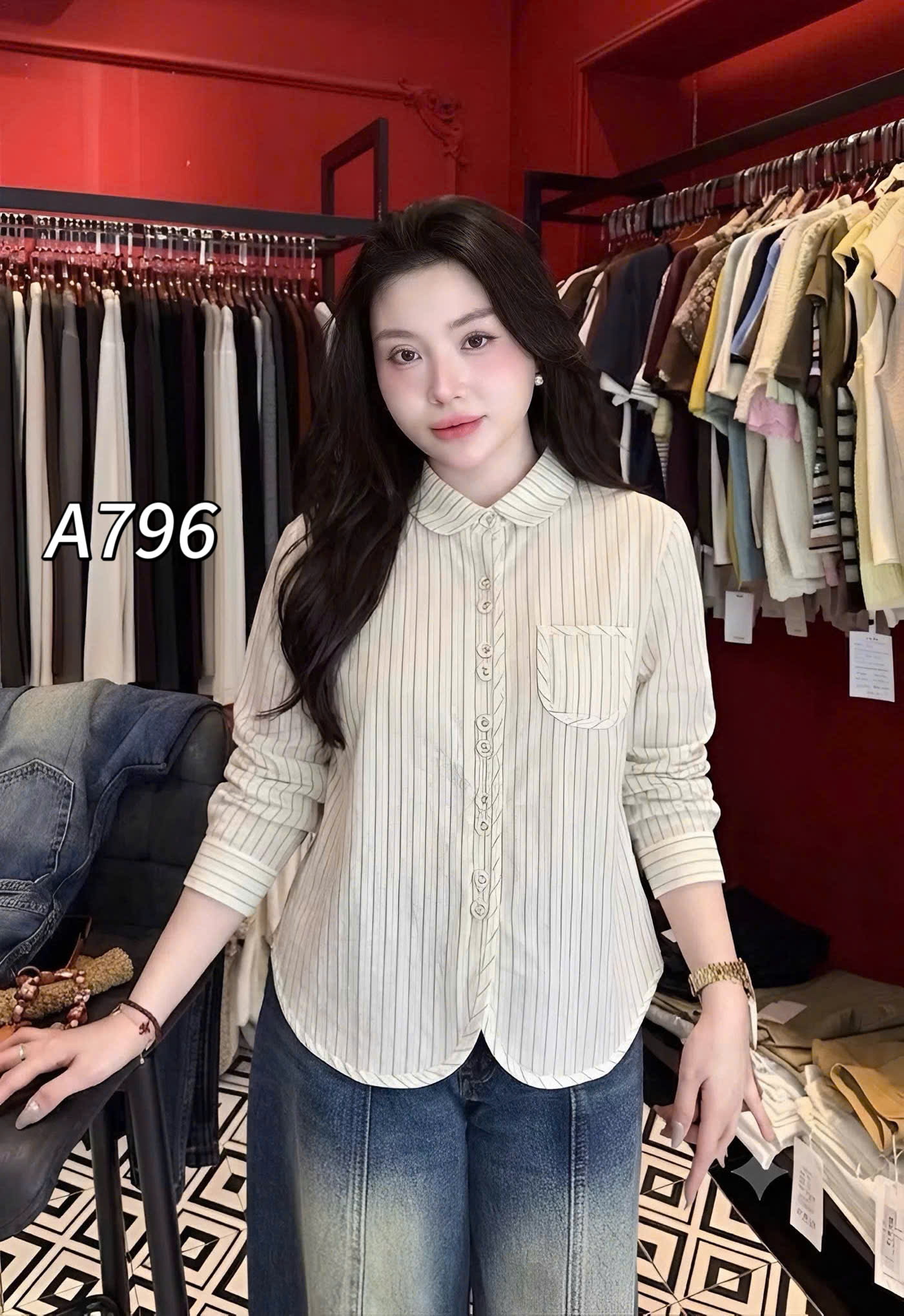 A796 áo kẻ cúc đôi dài tay