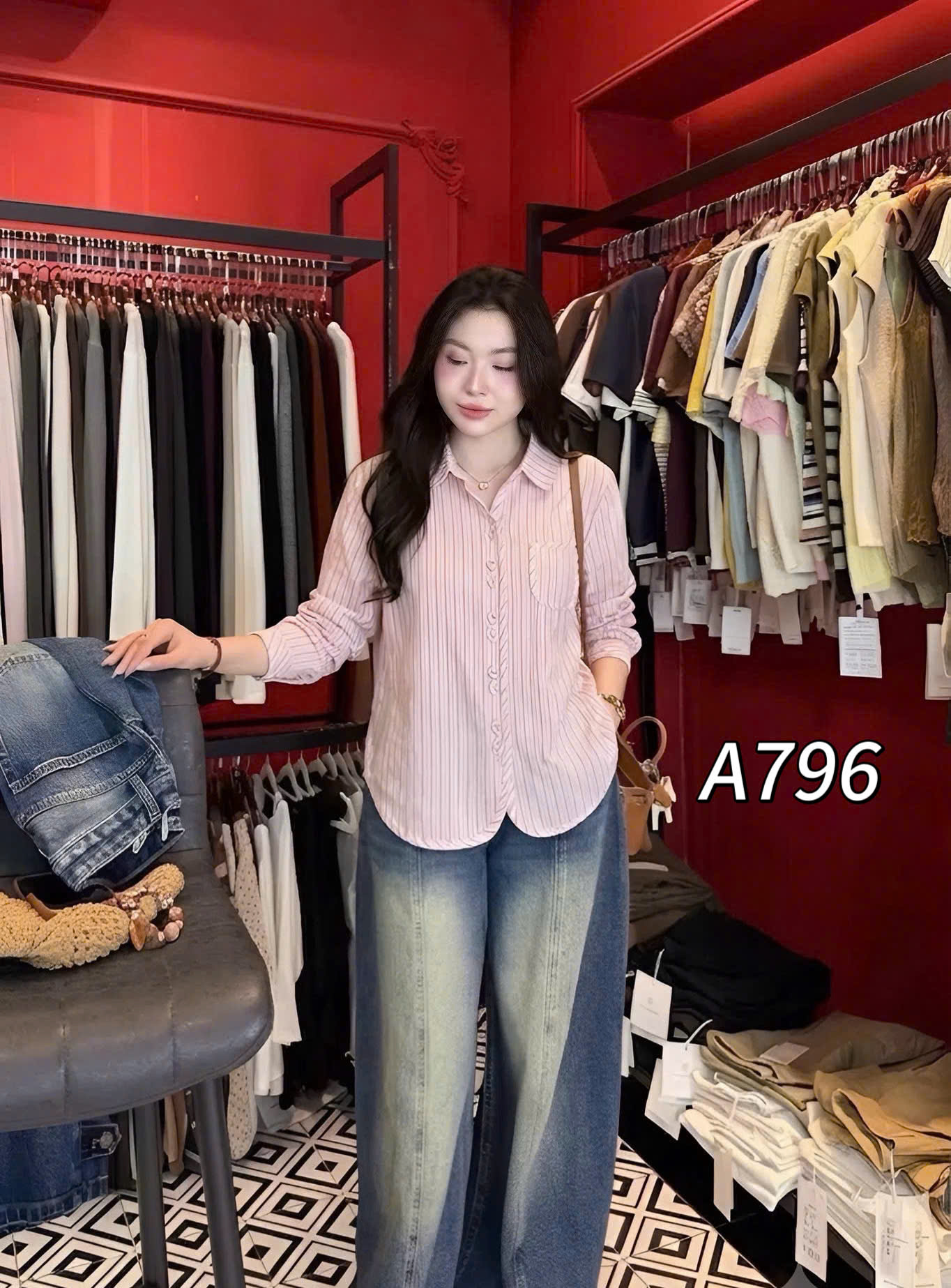 A796 áo kẻ cúc đôi dài tay