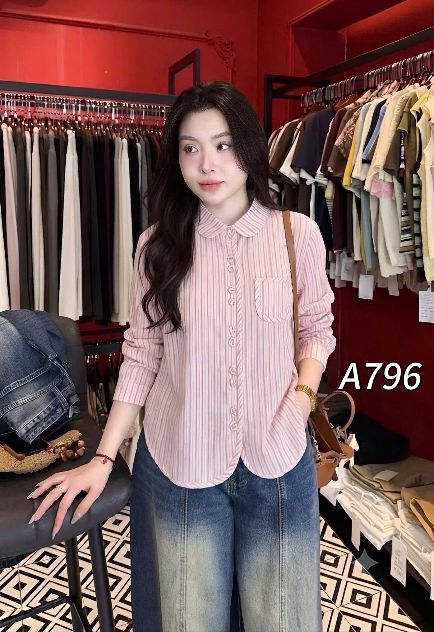 A796 áo kẻ cúc đôi dài tay