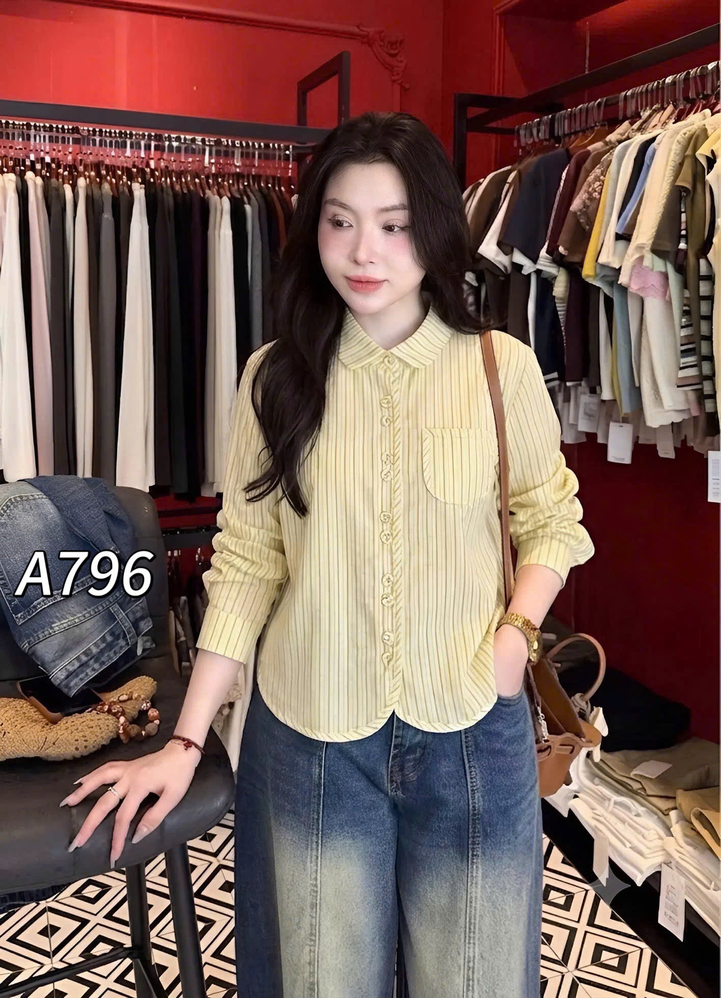 A796 áo kẻ cúc đôi dài tay
