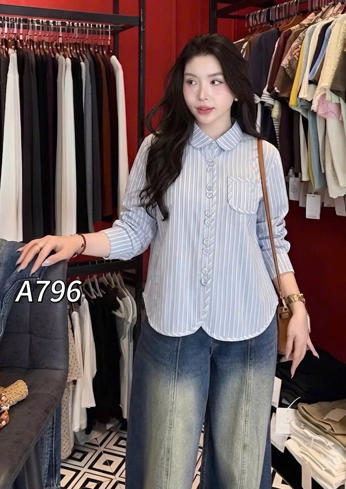 A796 áo kẻ cúc đôi dài tay