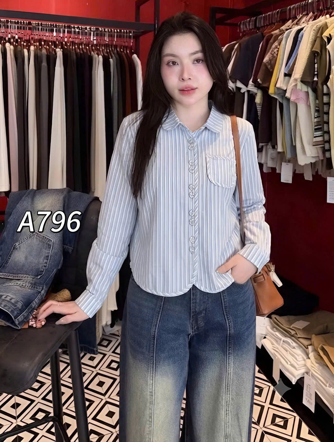A796 áo kẻ cúc đôi dài tay