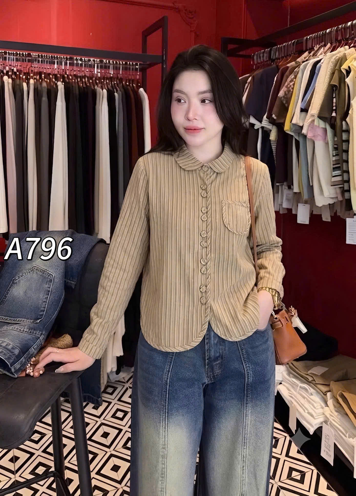 A796 áo kẻ cúc đôi dài tay