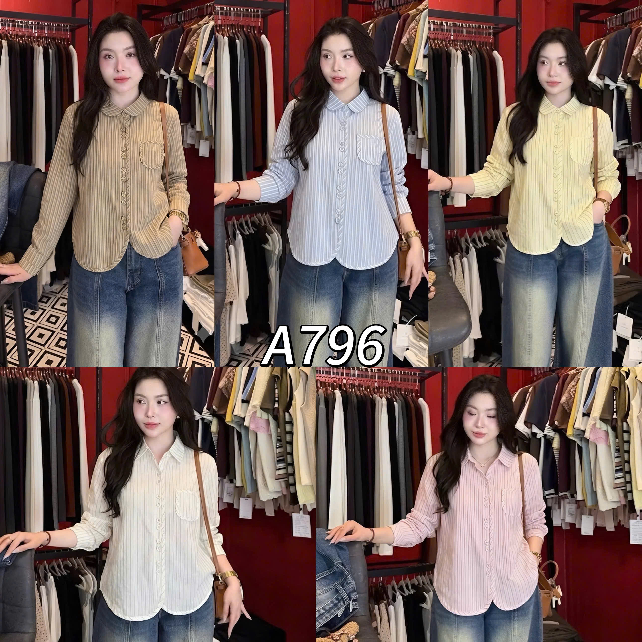 A796 áo kẻ cúc đôi dài tay