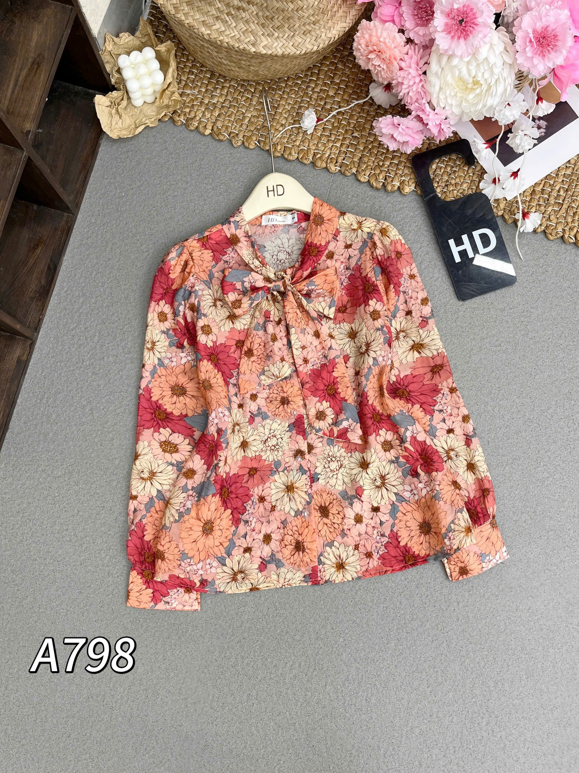 A798 áo hoa nhí cổ nơ