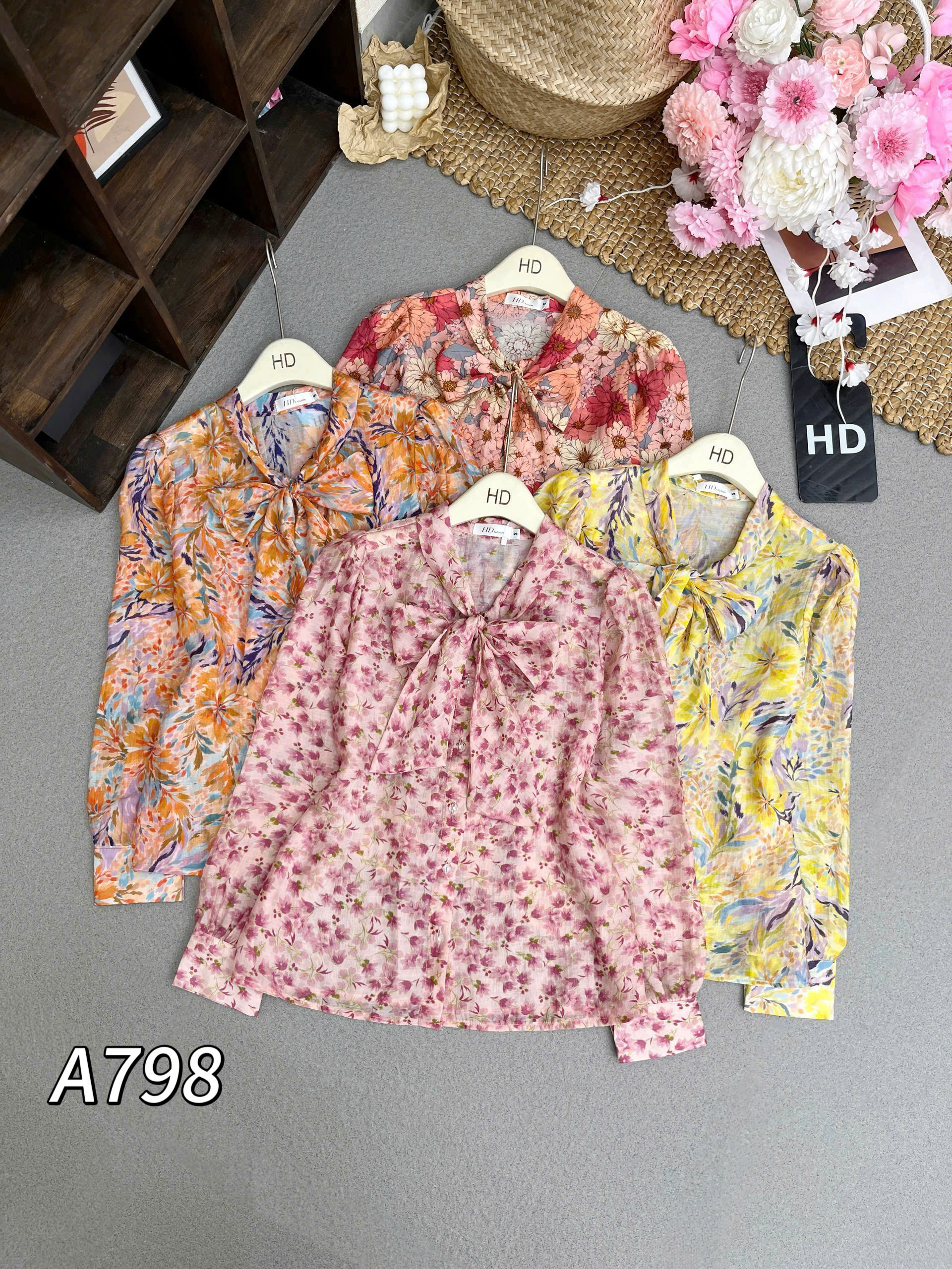 A798 áo hoa nhí cổ nơ