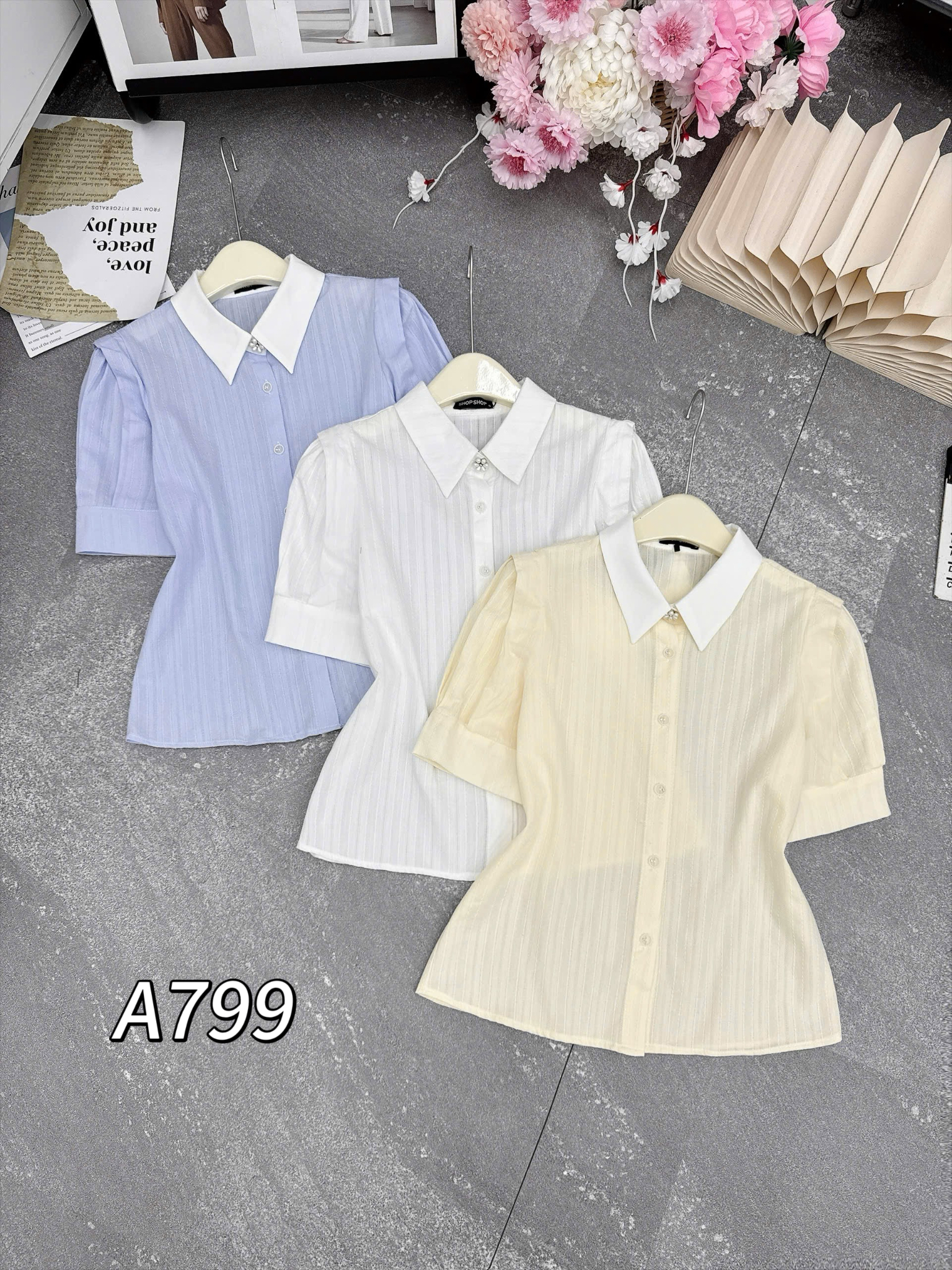 A799 Áo sơ mi cổ nhọn tay lỡ bản gập