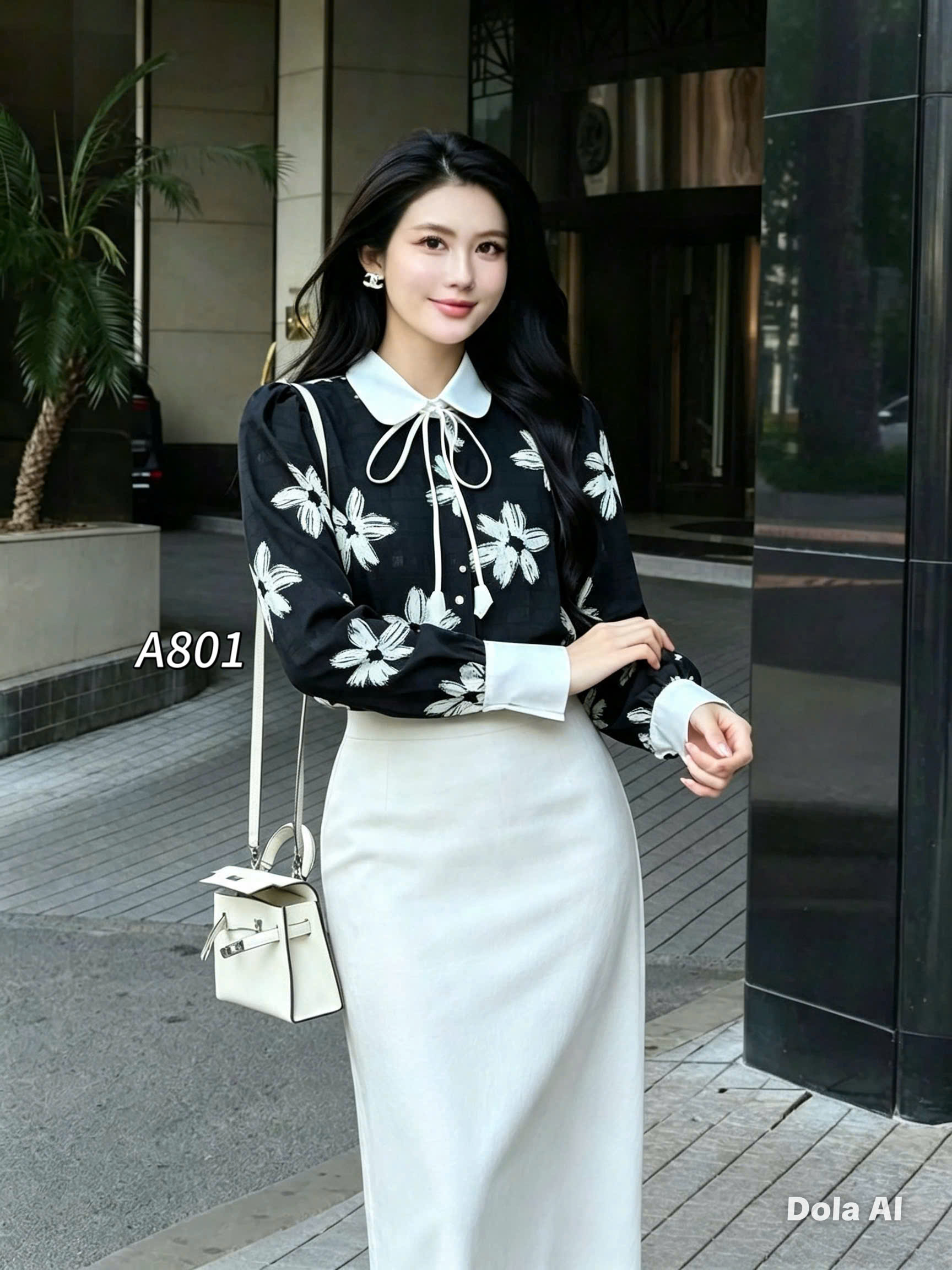 A801 áo sơ mi hoa 3D phối cổ và dây nơ hoa