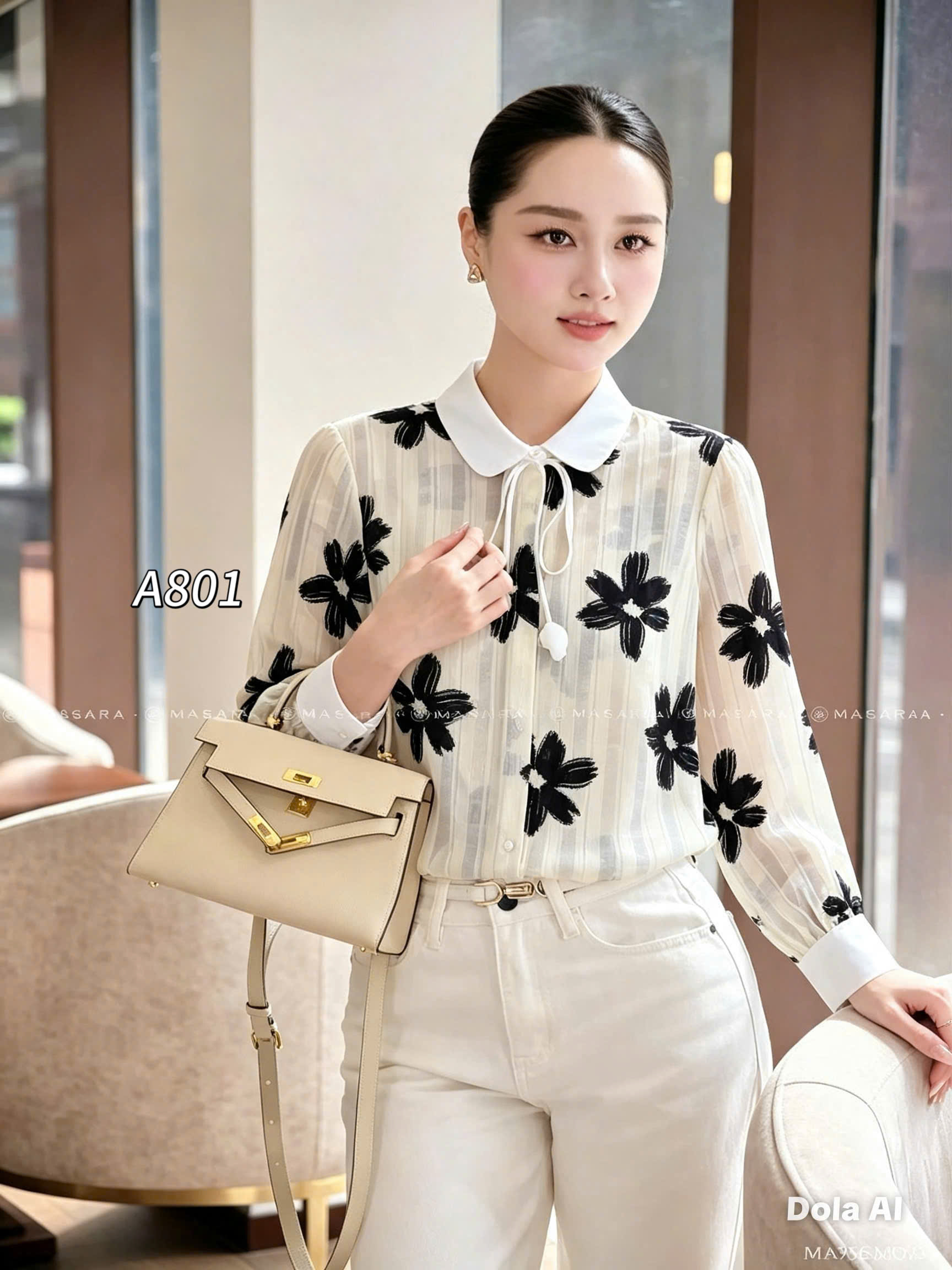 A801 áo sơ mi hoa 3D phối cổ và dây nơ hoa