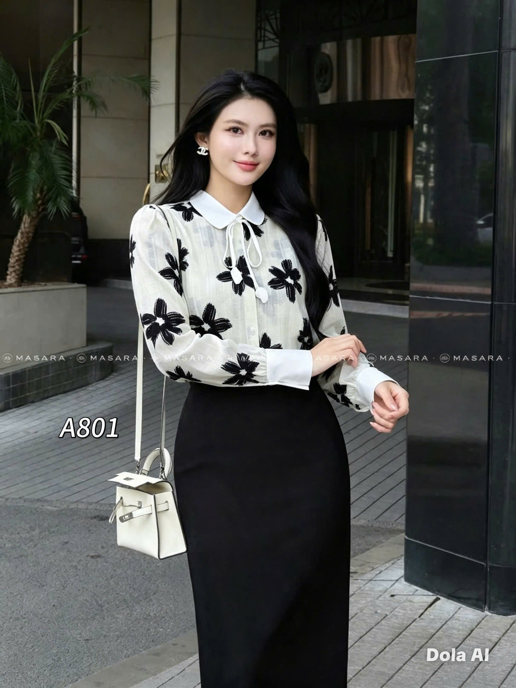 A801 áo sơ mi hoa 3D phối cổ và dây nơ hoa