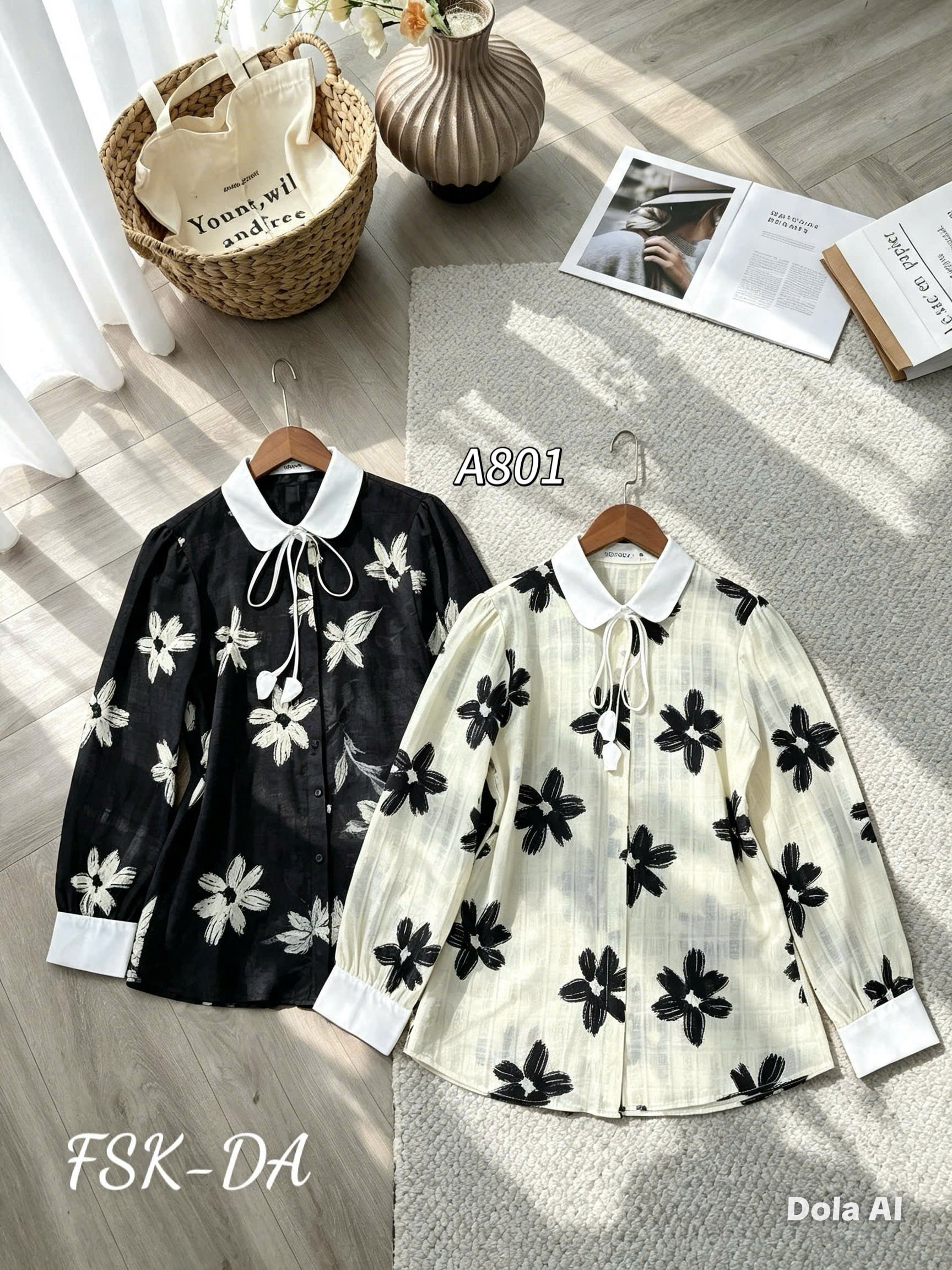 A801 áo sơ mi hoa 3D phối cổ và dây nơ hoa