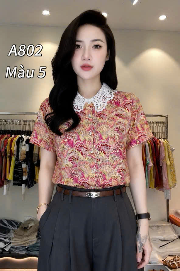A802 áo hoa cổ ren tơ tencel