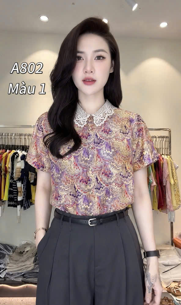 A802 áo hoa cổ ren tơ tencel