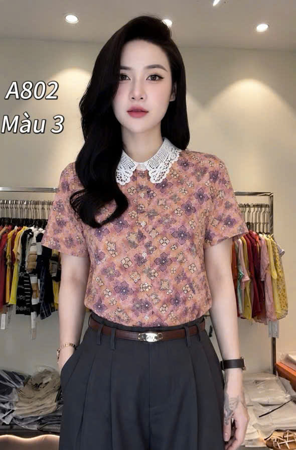 A802 áo hoa cổ ren tơ tencel