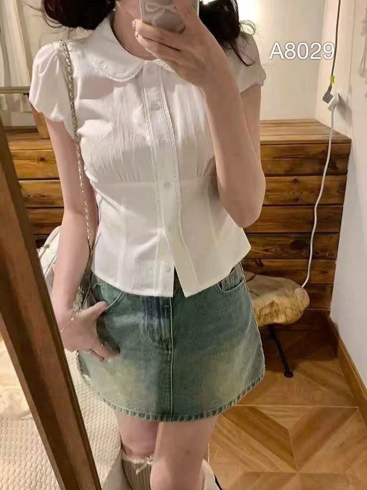 A8029 Áo sơ mi cổ ren tròn