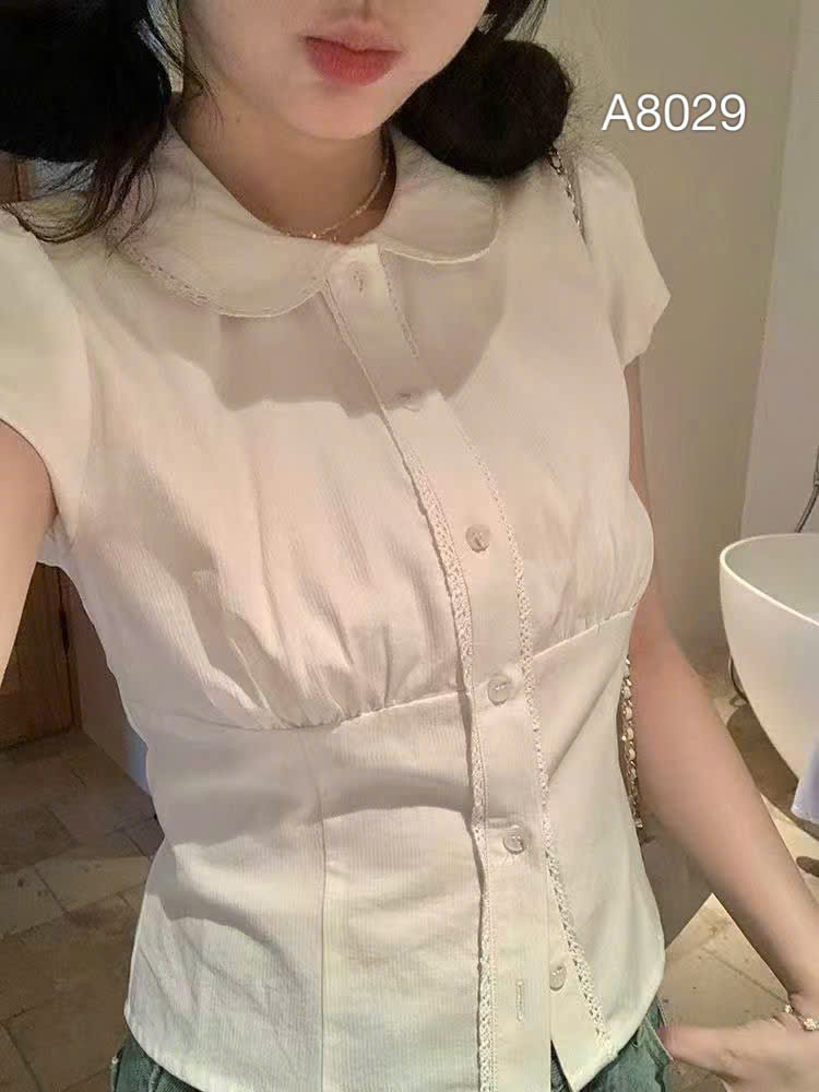 A8029 Áo sơ mi cổ ren tròn