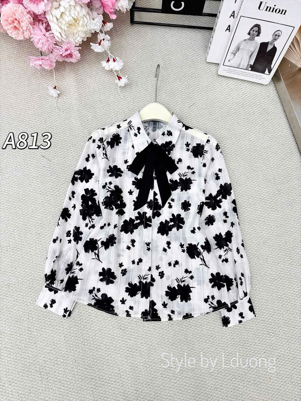 A813 áo sơ mi hoa kèm nơ xinh