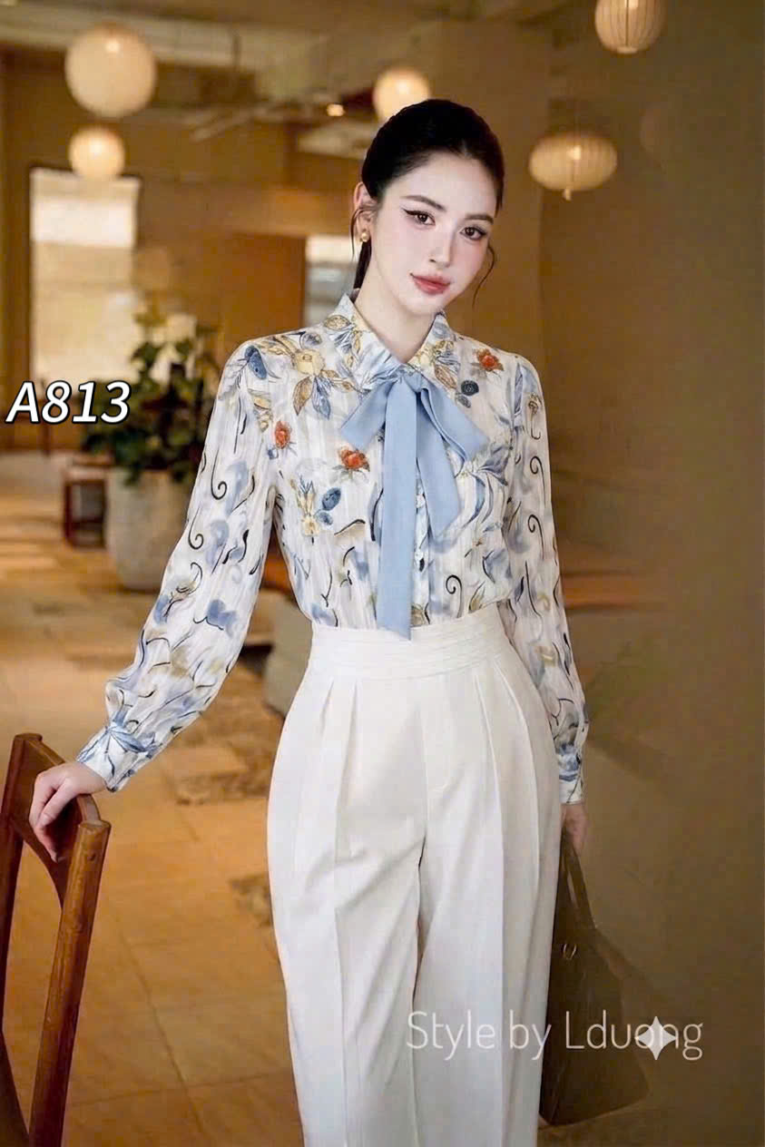 A813 áo sơ mi hoa kèm nơ xinh