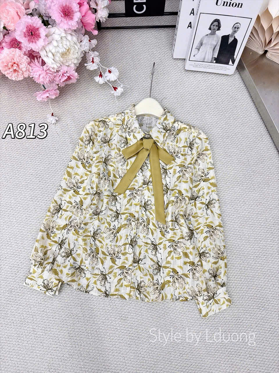 A813 áo sơ mi hoa kèm nơ xinh