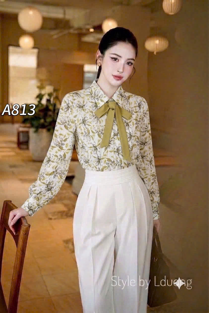 A813 áo sơ mi hoa kèm nơ xinh