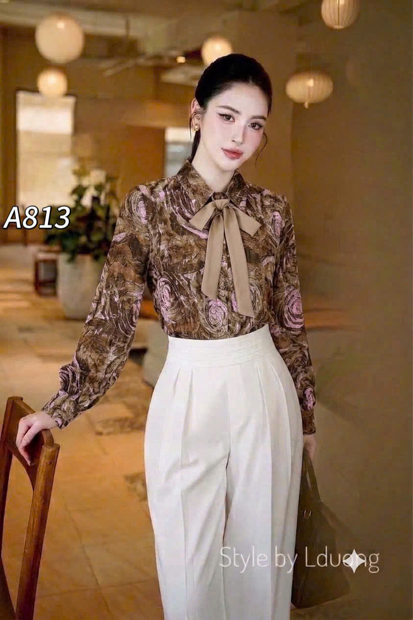 A813 áo sơ mi hoa kèm nơ xinh