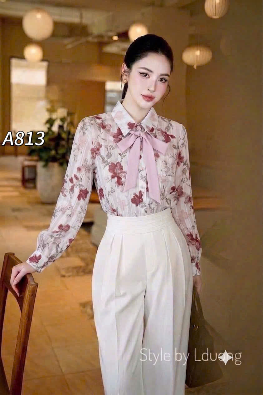 A813 áo sơ mi hoa kèm nơ xinh