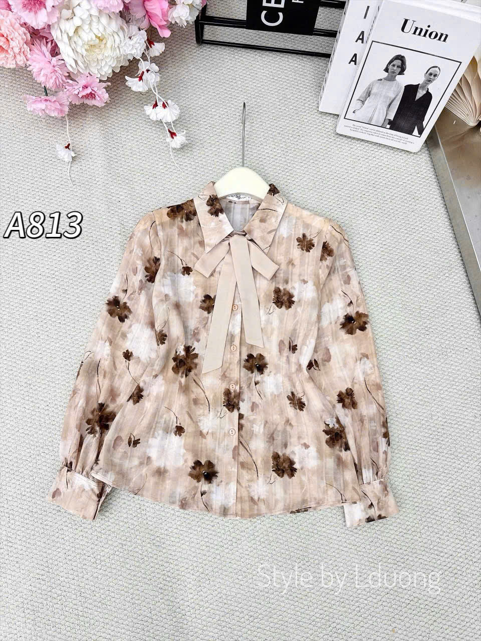 A813 áo sơ mi hoa kèm nơ xinh